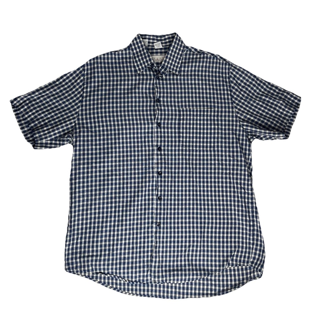 Haupt Mens Linen Cotton Blend Blue Check Short Sleeve Button Shirt 42 L / 2XL